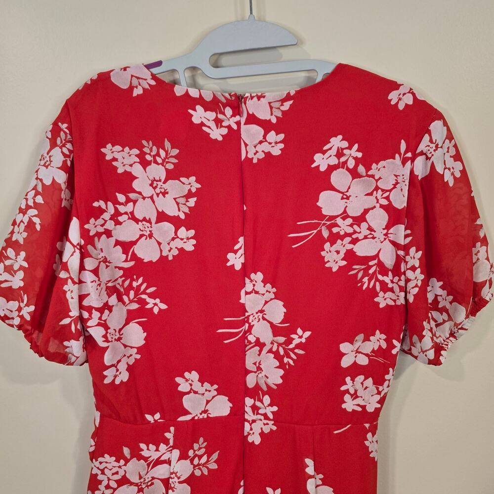 NEW NWT Women's Apricot Red & White Floral Ruch Front V-Neck Dress | Size 6 - Picture 8 of 13